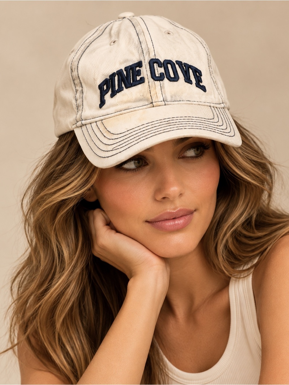 Legacy Pine Cove Cream Embroidered Distressed Baseball Hat Adjustable Cap